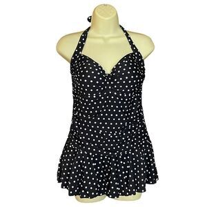 Rose Marie Reid Black White Polka Dot Halter Top Tummy Control Swimsuit, size XL